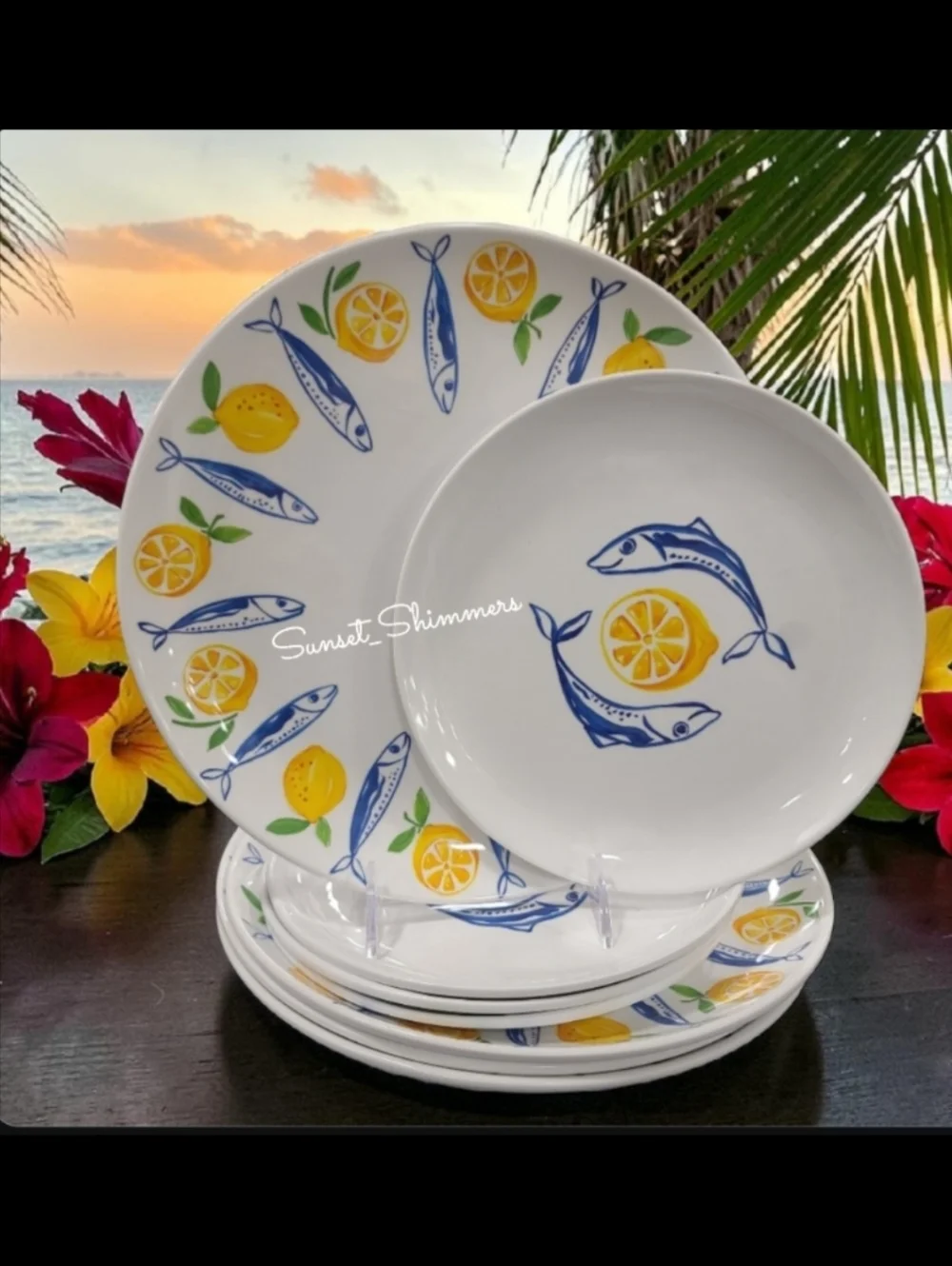 8 Tommy Bahama Sardine Lemon Blue Fish MELAMINE Dinner & Salad Plates Set New - Picture 8 of 8